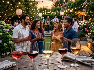 Table with five wine glasses filled with different wines, bottles, and cheese, with people socializing in a decorated garden